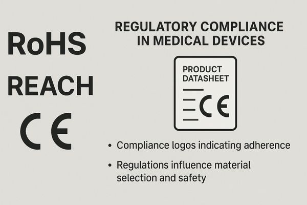 A graphic showing RoHS and REACH compliance logos next to the CE mark on a product datasheet