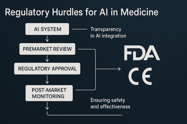 A flowchart showing the complex path for AI regulatory approval with FDA and CE logos