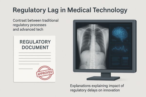 An image of a regulatory document with a stamp of approval next to a futuristic-looking medical display