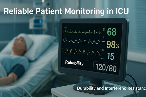 An ICU monitor displaying stable vital sign waveforms next to a patient's bed