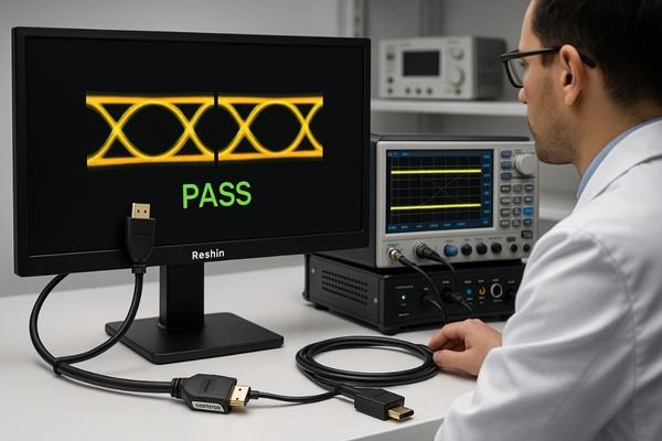 A Reshin monitor in a lab environment connected to signal testing equipment with certified cables