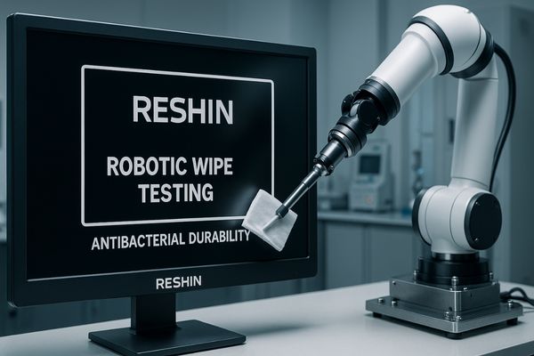A Reshin monitor undergoing an automated robotic wipe test in a quality assurance lab