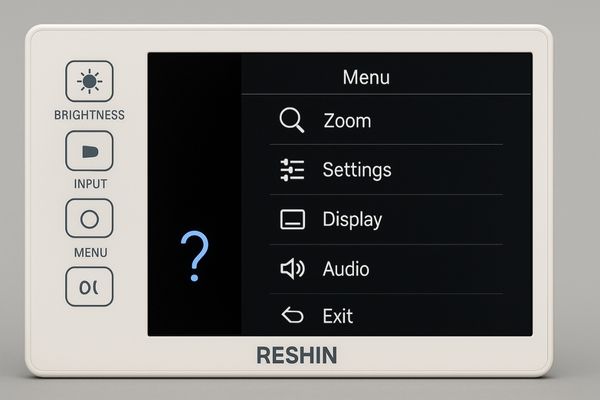 Reshin monitor showing hybrid interface with both physical buttons and touch menu