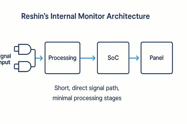 A diagram showing Reshin's streamlined internal monitor architecture, emphasizing a short, direct path from signal input to the panel