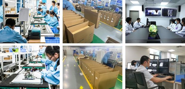 Collage of Reshin’s production line, quality inspection, packaging, and R&D team working, with the company logo at the center.