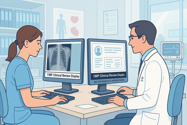 Doctor and nurse working at clinical workstations with 1MP Clinical Review Displays showing patient EHR and a chest X-ray, in a bright, modern hospital setting.