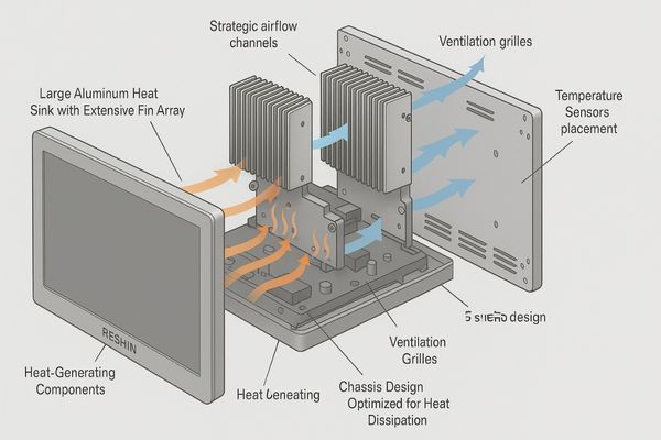 Exploded view of a Reshin monitor showing the internal heat sink and ventilation design