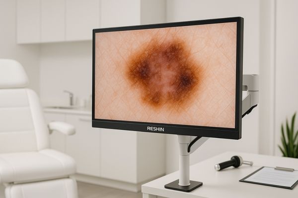 A Reshin monitor in a clean, modern dermatology clinic, displaying a sharp and color-accurate skin image