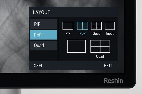 Close-up of a Reshin monitor's on-screen display menu showing easy-to-select PiP/PbP layout options