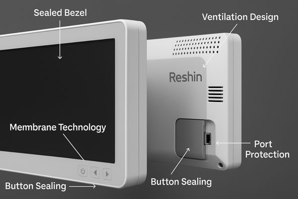 Close-up of a Reshin monitor's sealed bezel design and protected ventilation system