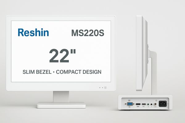 Product shot of the Reshin MS220S monitor, highlighting its slim bezel and compact design