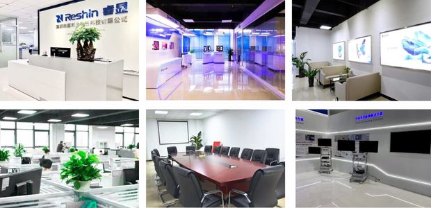 Collage of Reshin’s office areas, meeting room, showroom, and reception area with the company logo at the center.