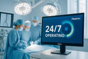 Reshin surgical monitor displaying 24/7 operating message in a modern operating room with surgeons performing surgery under bright LED lights.