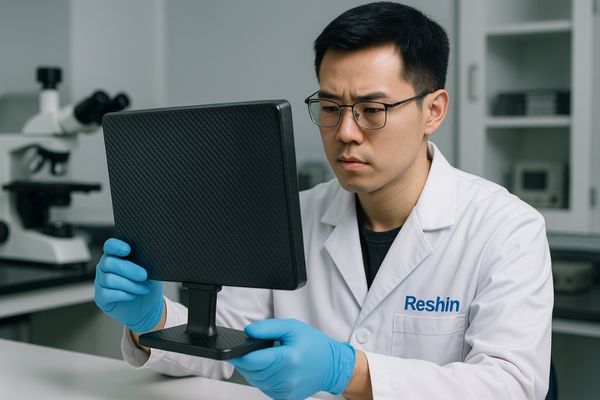 A Reshin engineer in a lab, examining a prototype carbon fiber monitor housing