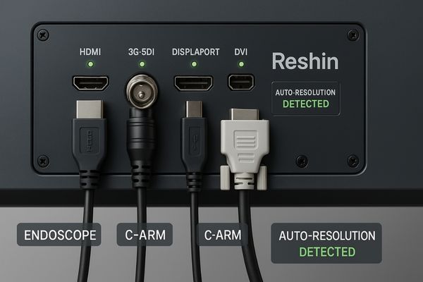 A detailed shot of the robust input panel on a Reshin surgical monitor