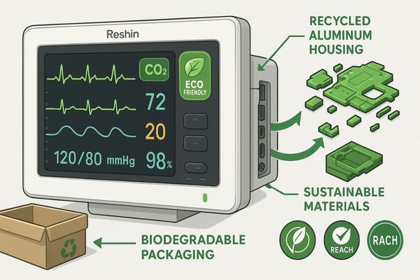 Reshin monitor showing eco-friendly components with medical compliance certification labels