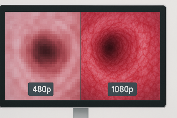 Split-screen comparison showing standard definition versus Full HD visualization of bladder mucosa with small lesion