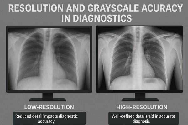 A split-screen image comparing the same X-ray on a low-resolution vs. high-resolution monitor