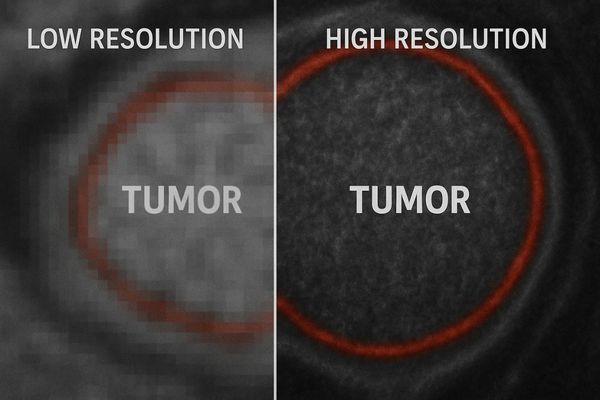 A side-by-side comparison showing a tumor's edge as blurry on a low-resolution display and sharp on a high-resolution one