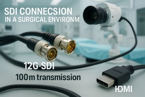A professional video setup using SDI cables in a medical imaging context