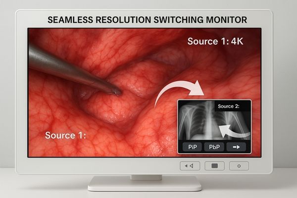 A monitor displaying two sources simultaneously with Picture-in-Picture, showing its ability to handle multiple signals