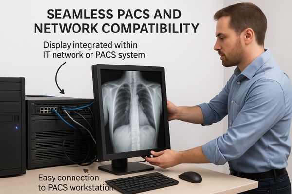 An IT technician easily connecting a new medical display to a PACS workstation