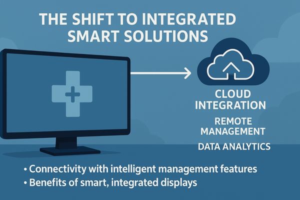 An infographic showing a display connected to the cloud for remote management and analytics