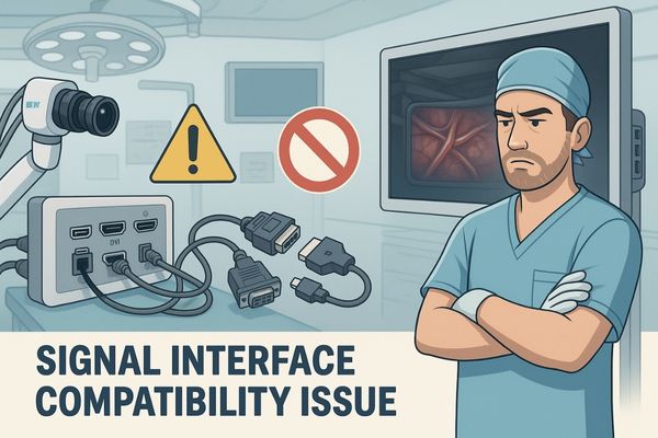 Frustrated surgeon facing signal interface compatibility issues between surgical camera and monitor, with warning icons and tangled video cables in an operating room.