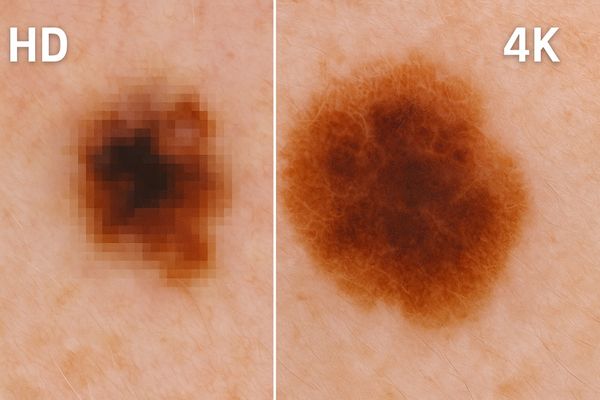 A split-screen comparison showing a skin lesion in standard HD versus crisp 4K resolution