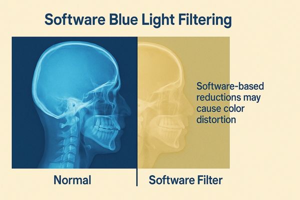 A split-screen view of a medical image, one side normal and the other with a yellowish software filter
