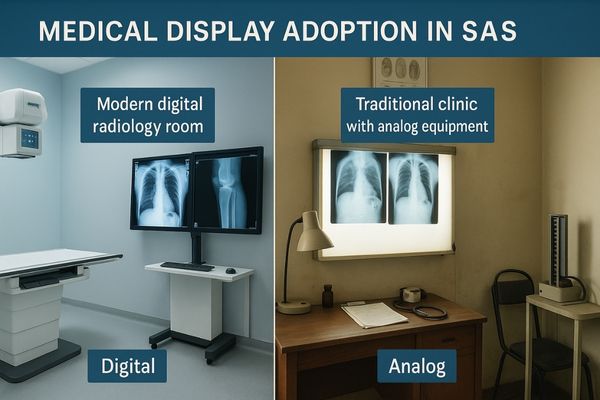 A split image showing a modern digital radiology room and a more traditional clinic setting