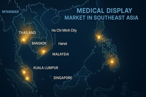 A map of Southeast Asia highlighted with glowing nodes representing healthcare growth