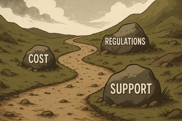 A graphic representing a difficult path with obstacles labeled 'Cost', 'Regulations', and 'Support'