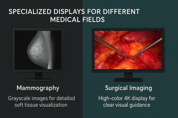 A split-screen image showing a grayscale mammography display next to a vibrant 4K surgical display