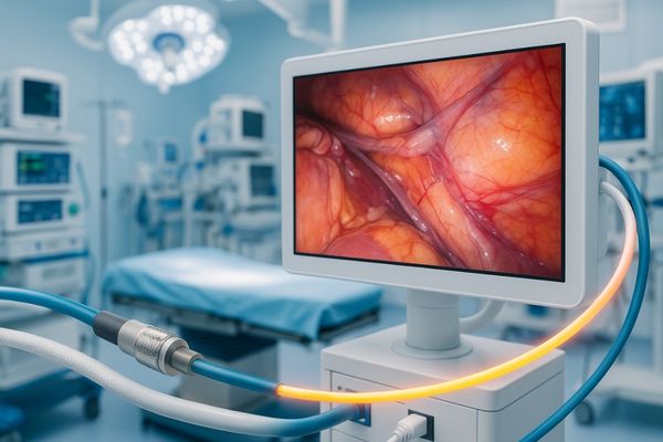 Modern operating room with a surgical monitor showing a clear, stable image, illustrating shielded cables, differential signaling, and optical fiber for interference-free signal transmission.