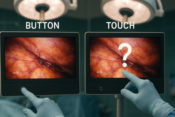 Surgeon adjusting monitor settings with gloved hand showing both button and touch interfaces