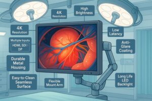 Modern surgical operating room digital illustration highlighting key surgical monitor features like 4K resolution, brightness, color accuracy, multi-input ports, and ergonomic mounting.