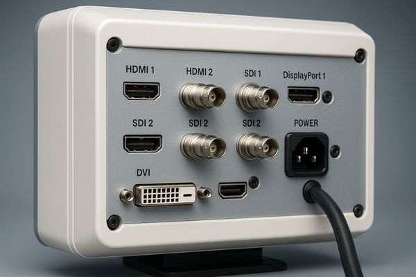 The back of a surgical monitor showing multiple input ports like HDMI, SDI, and DisplayPort