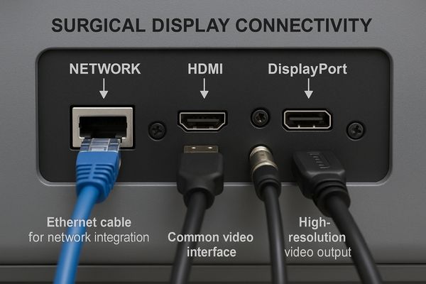 Network cables and video ports on the back of a surgical display