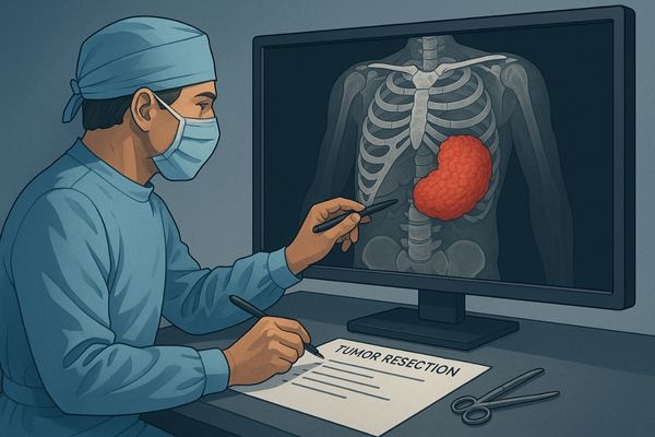 An illustration of a surgeon planning a precise tumor resection on a high-resolution 3D model