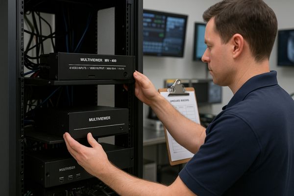 A technology manager swapping out an old external video processor for a new one in an equipment rack