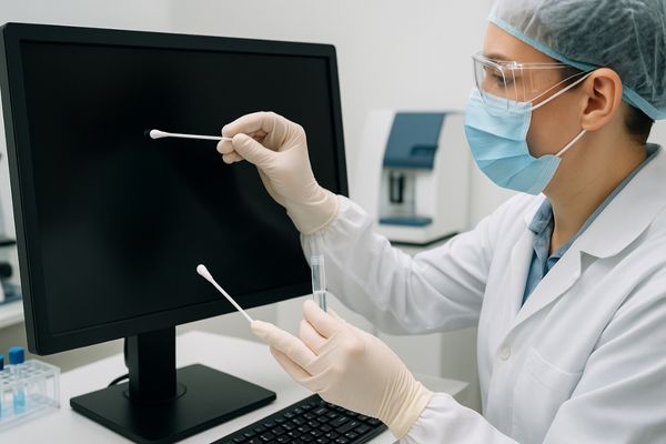 A lab technician performing a swab test on a medical monitor's surface to check for bacteria