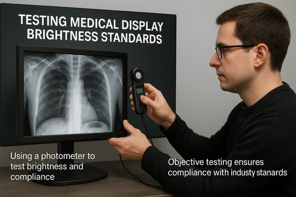 A technician using a photometer to test a medical display's brightness and compliance