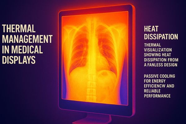 A thermal image of a medical display showing heat dissipation from a fanless design
