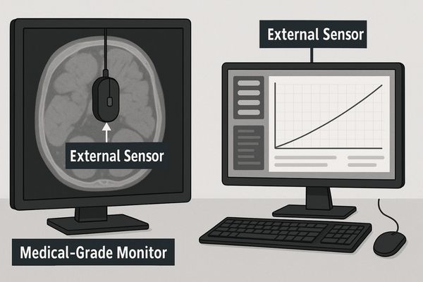 A setup showing a medical monitor connected to a computer running calibration software with an external sensor on the screen