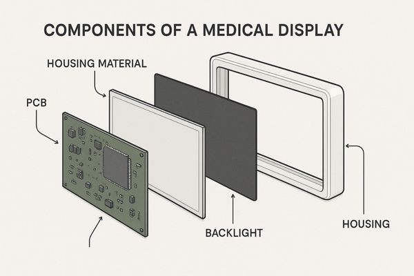 An exploded view of a medical display showing its internal components and outer housing