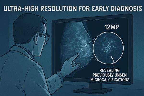 A radiologist zooming into a 12MP mammogram, revealing previously unseen microcalcifications