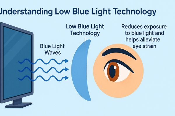 A graphic showing a human eye protected from a screen's blue light waves