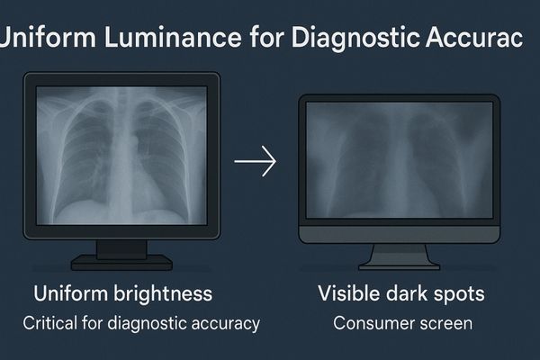 An image comparing a medical display with uniform brightness to a consumer screen with visible dark spots