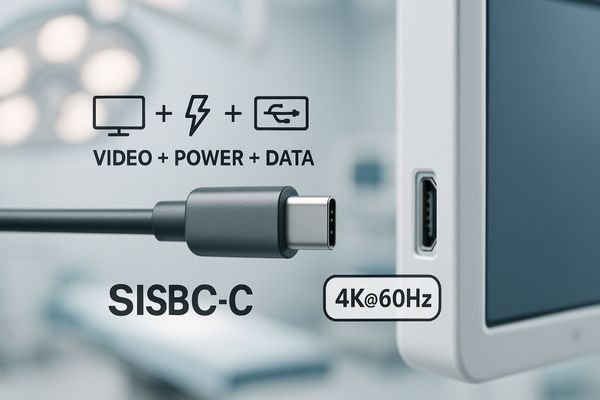 A USB-C cable connected to a surgical monitor, showing video transmission